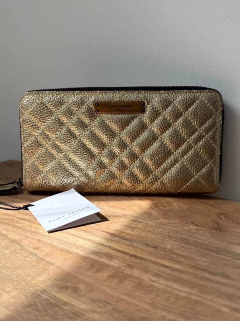 KURT GEIGER London Metallic Gold Quilted Leather Zip Around Wallet NWT